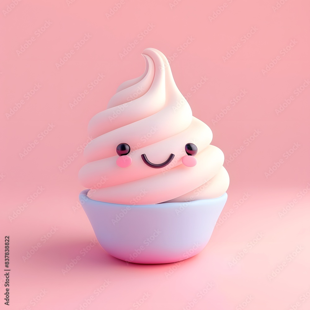 A 3D cartoon cupcake with a happy face on a pink background. A 3D cartoon cupcake with a happy face on a pink background.
