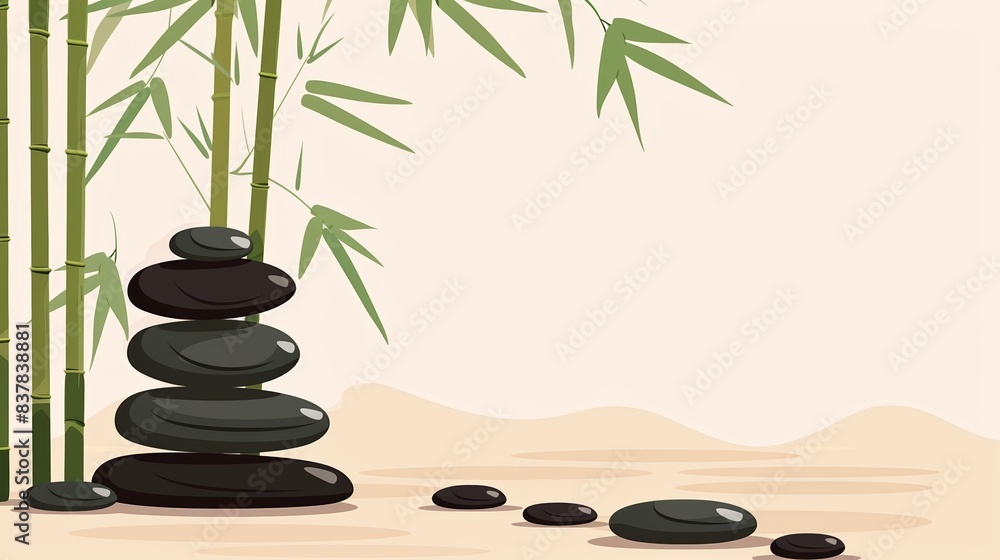 Serene bamboo and stacked stones in a tranquil zen garden setting, perfect for promoting relaxation, balance, and mindfulness.