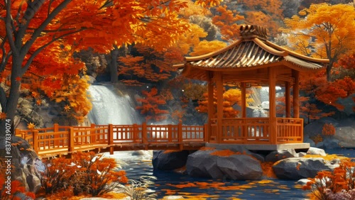 Footage - Japanese garden in autumn with beautiful gazebo, river, and waterfall - Motion Loop - Generative Ai  photo