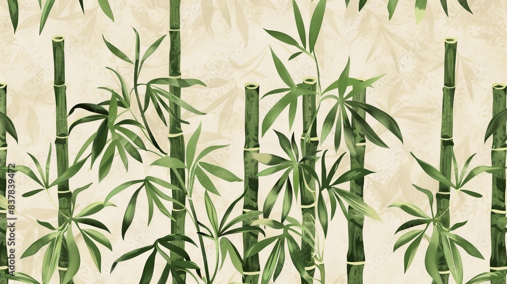 Seamless pattern of vibrant green bamboo stems and leaves on a beige ...