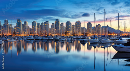 Vibrant Cityscape at Sunset with Harbor Reflection