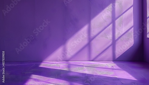 3D rendering of an empty room with purple wall and floor sunlight from window background for product presentattion photo