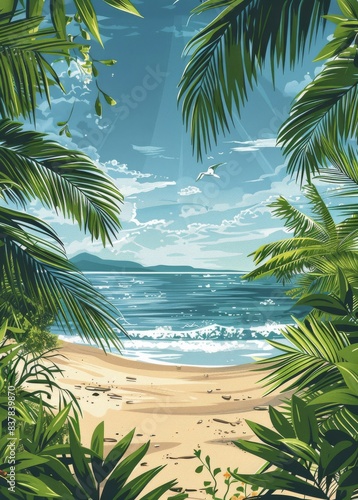 Tropical Beach View Through Lush Palm Trees On A Sunny Day