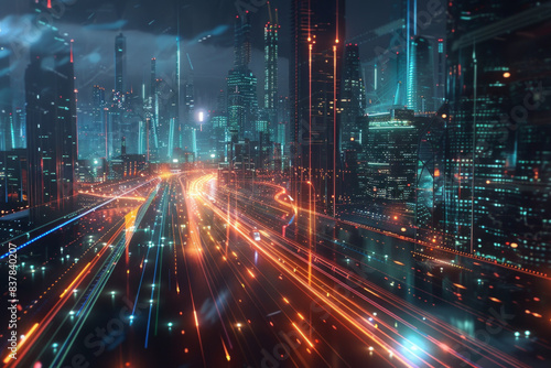A digital futuristic city in the background with glowing lines in the foreground  © grey