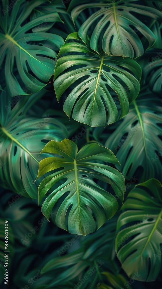 Lush Green Monstera Leaves Close-Up In A Tropical Rainforest Lush Green Monstera Leaves Close-Up In A Tropical Rainforest