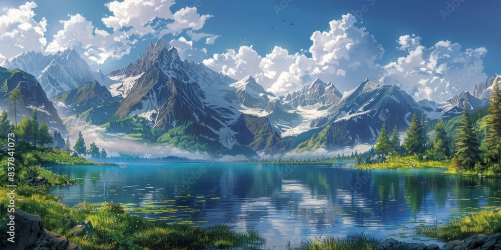 Tranquil Mountain Lake With Lush Greenery and Snow-Capped Peaks on a Sunny Day Tranquil Mountain Lake With Lush Greenery and Snow-Capped Peaks on a Sunny Day