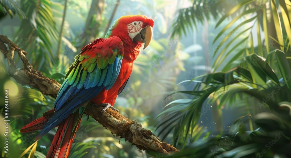 A Scarlet Macaw Perched on a Branch in a Lush Rainforest A Scarlet Macaw Perched on a Branch in a Lush Rainforest