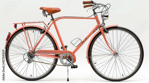 Vintage orange bicycle with leather saddle and handlebars, sleek design for urban commuting or leisure rides on a white background.