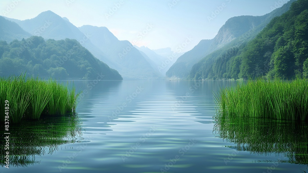 Fototapeta premium Beautiful mountains and lakes, scenery with sunset, digital art style, illustration painting. generative AI
