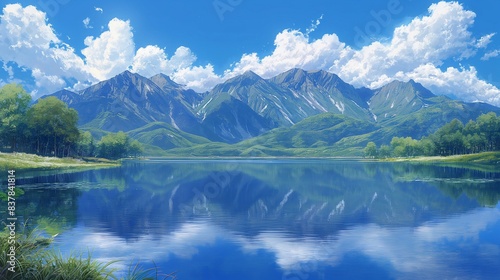 Beautiful mountains and lakes, cloud clouds, scenery, digital art style, illustration painting. generative AI