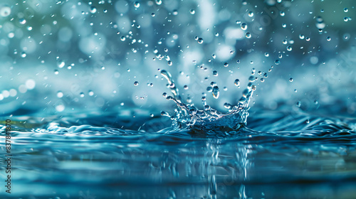 Abstract image of falling droplets, creating ripples and splashes on a turquoise background