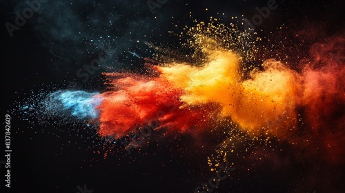 Vibrant red and yellow powder splashes on a black backdrop, depicting the energetic and festive explosions of Holi paint. AI Generative.