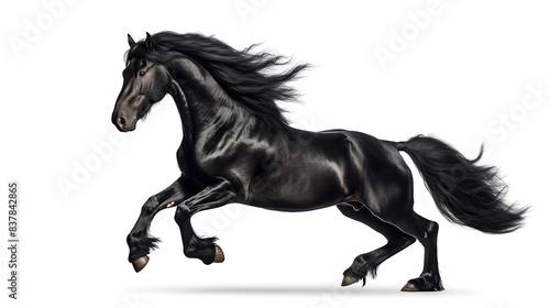 Majestic Black Horse in Full Gallop with Flowing Mane and Tail on White Background  Capturing the Power and Grace of Equine Beauty in Motion