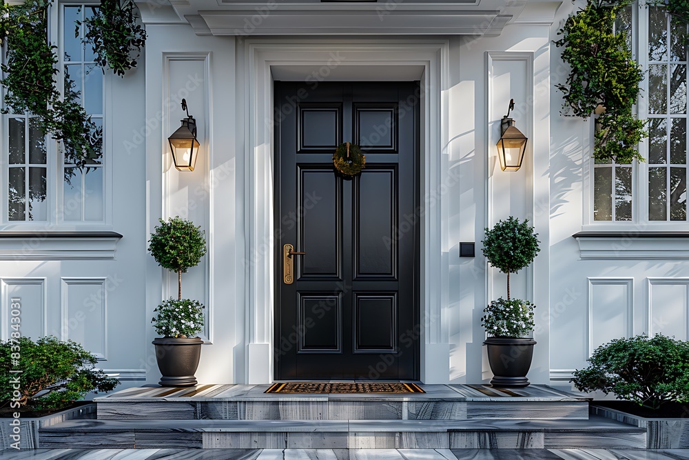 Stylish front door of modern house with white walls, door mat, trees in pots and lamps. Real estate concept. Stylish front door of modern house with white walls, door mat, trees in pots and lamps. Real estate concept.