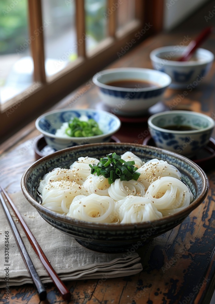 Somen Noodles - Thin wheat noodles served cold with dipping sauce. Somen Noodles - Thin wheat noodles served cold with dipping sauce.