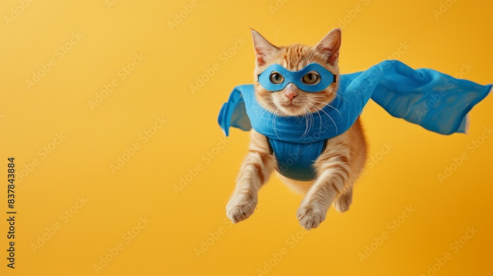 Fototapeta premium superhero cute red kitten on plain sunny yellow studio background
