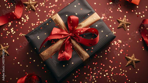 Black Friday! Black gift box, top view, decorated with bright red ribbon, surrounded by star-shaped confetti.