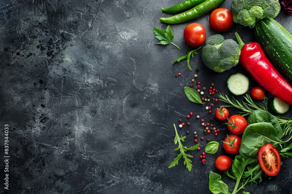 Food cooking background with ingredients, assorted raw fresh uncooked vegetables on black dark stone background from above. Food cooking background with ingredients, assorted raw fresh uncooked vegetables on black dark stone background from above.