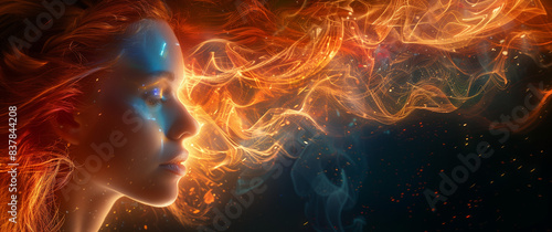 A side profile of a woman's face with vibrant, flowing hair that transforms into colorful, abstract light trails, creating a dynamic and ethereal visual effect.