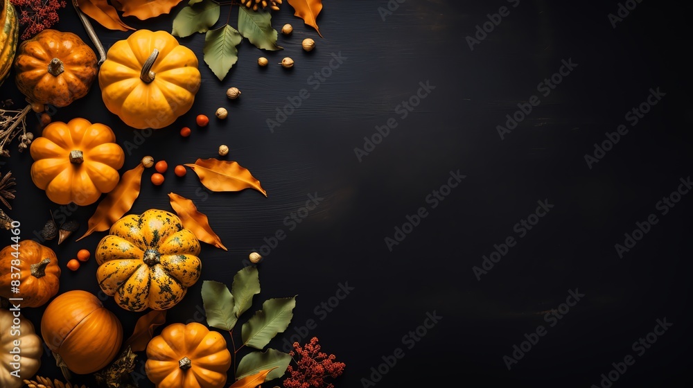 stock photo of Festive autumn decor from pumpkins and leaves on a black background Flat lay autumn composition with copy space, Bright, style raw stock photo of Festive autumn decor from pumpkins and leaves on a black background Flat lay autumn composition with copy space, Bright, style raw