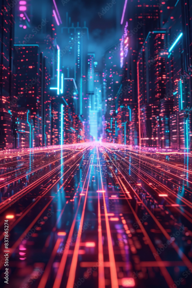 A digital futuristic city in the background with glowing lines in the foreground A digital futuristic city in the background with glowing lines in the foreground
