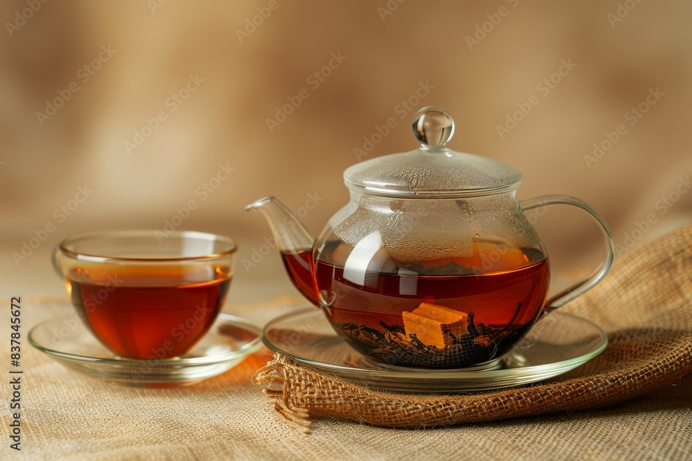 Freshly brewed organic black tea in transparent glass teapot and in glass clear teacup on beige background, selective focus Freshly brewed organic black tea in transparent glass teapot and in glass clear teacup on beige background, selective focus