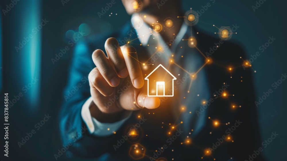 A man is holding a house in his hand, with a glowing effect surrounding it, real estate concept A man is holding a house in his hand, with a glowing effect surrounding it, real estate concept