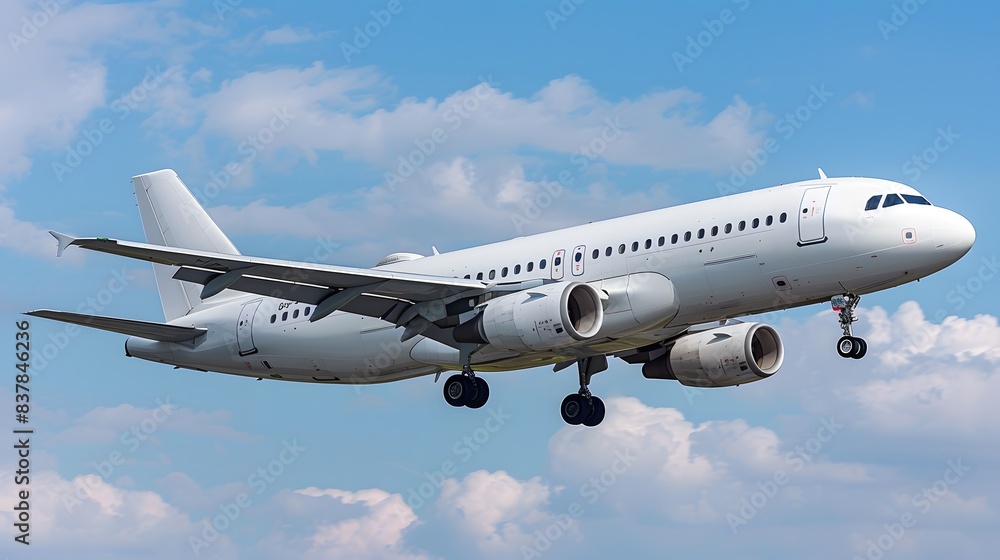 A modern commercial jet airplane flying through a clear blue sky, isolated on a white background A modern commercial jet airplane flying through a clear blue sky, isolated on a white background