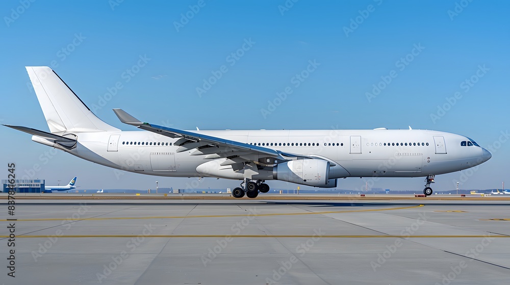 A modern commercial jet airplane flying through a clear blue sky, isolated on a white background A modern commercial jet airplane flying through a clear blue sky, isolated on a white background