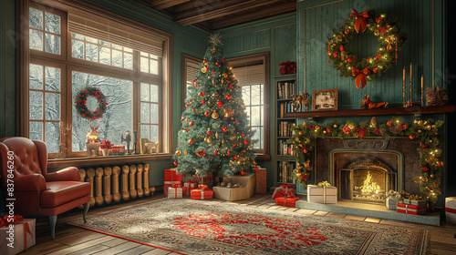 A festive Christmas scene with a decorated tree and presents. © Wasin Arsasoi