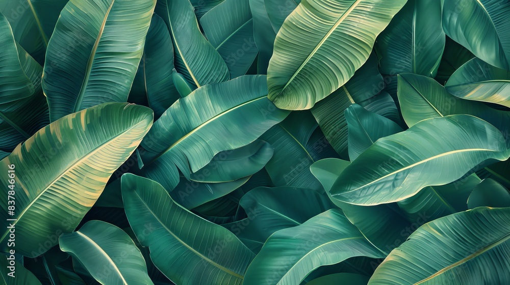Fototapeta premium Beautiful Tropical Background Featuring Lush Green Banana Leaves