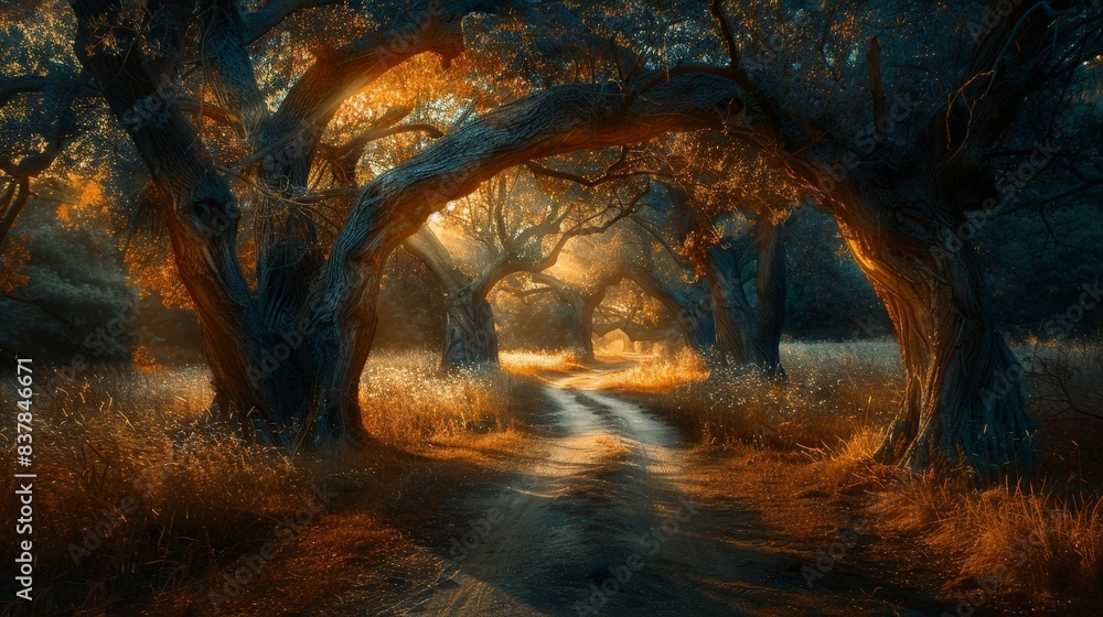 Enchanting Forest Path at Sunset with Golden Light Filtering Through Ancient Trees Creating a Magical Atmosphere Enchanting Forest Path at Sunset with Golden Light Filtering Through Ancient Trees Creating a Magical Atmosphere