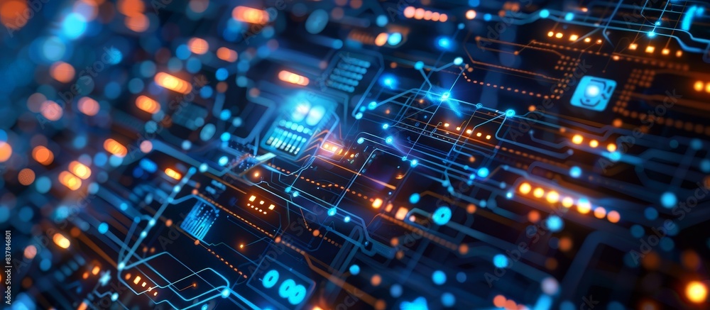 Futuristic Circuit Board with Glowing Blue and Orange Lights, High-Tech Electronic Components, Digital Technology Background, Cybersecurity Concept, Modern Innovation, Data Processing Futuristic Circuit Board with Glowing Blue and Orange Lights, High-Tech Electronic Components, Digital Technology Background, Cybersecurity Concept, Modern Innovation, Data Processing