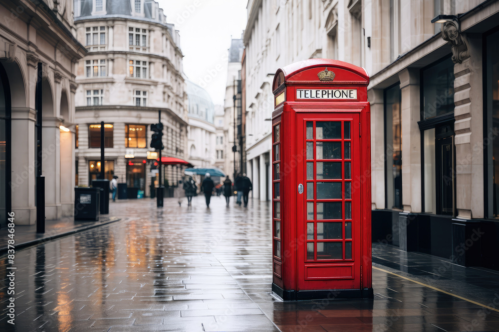 Naklejka premium Iconic Red Telephone Booth on a Rainy London Street