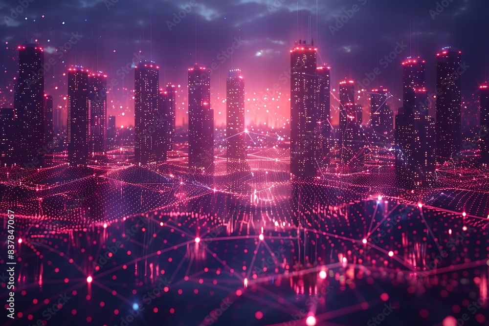 Smart city and abstract dot point connect with gradient line and aesthetic Intricate wave line design , big data connection technology concept . Smart city and abstract dot point connect with gradient line and aesthetic Intricate wave line design , big data connection technology concept .