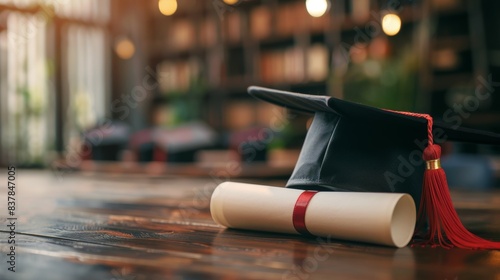 A black cap and gown with a red tassel sits on top of white graduation certifi photo