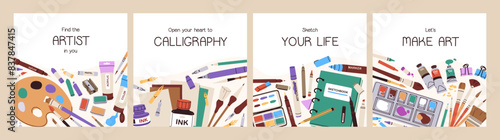 Art and craft, card designs set. Artists motivation quotes on square backgrounds. Creative hobby, painting, sketching and calligraphy. Creativity phrases on postcards. Flat vector illustration