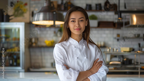 Young female chef in a modern restaurant kitchen