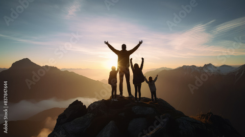 Triumphant Family Celebrates on Mountain Peak at Sunset