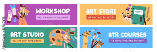 Art studio, artist store, web banner designs set. Creative hobby shop, drawing school, course, header background. Creativity education, long sale backdrop templates. Flat vector illustrations