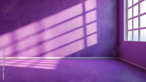 3D rendering of an empty room with purple wall and floor sunlight from window background for product presentattion photo