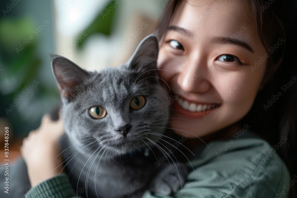 Happy young asian woman hugging cute grey cat in living room at home. Happy young asian woman hugging cute grey cat in living room at home.