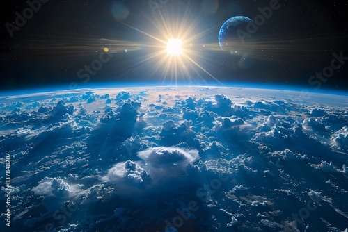 Breathtaking View of Earth From Space with Bright Sun and Moon - Perfect for Science and Space-Themed Designs photo