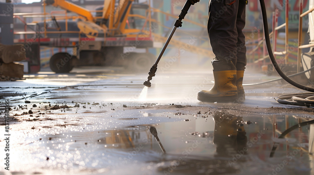 An industrial pressure washer in use at a construction site, cleaning muddy surfaces with powerful water jets. Perfect for showcasing heavy-duty cleaning equipment, construction maintenance An industrial pressure washer in use at a construction site, cleaning muddy surfaces with powerful water jets. Perfect for showcasing heavy-duty cleaning equipment, construction maintenance