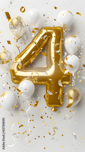 Golden foil number 4 balloon birthday design with balloons  party favors  ribbons  confetti and glitter