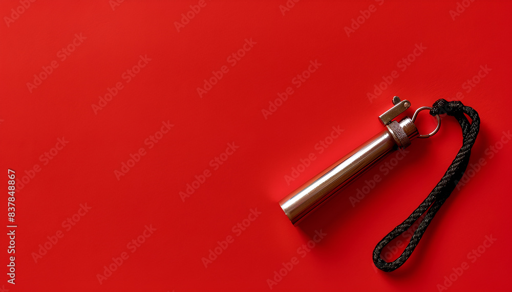 One metal whistle with cord on red background, top view. Space for text One metal whistle with cord on red background, top view. Space for text