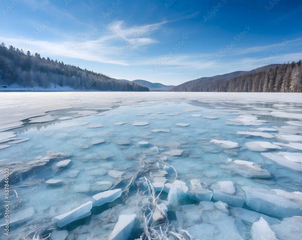 Blue ice and cracks on the surface of the ice. Frozen lake under a blue sky in the winter. The hills of pines. Winter design. Carpathian, Ukraine, Europe Blue ice and cracks on the surface of the ice. Frozen lake under a blue sky in the winter. The hills of pines. Winter design. Carpathian, Ukraine, Europe
