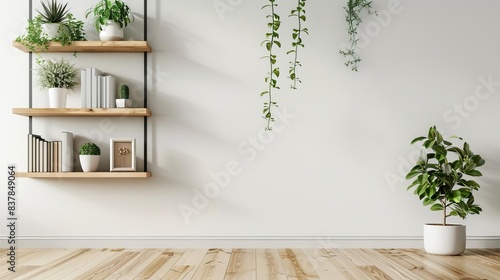a beautiful wall with shelves with books and plants in modern minimalistic design, isolated on white.