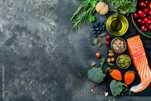 Healthy food background with good fat sources, ingredients rich in Omega fatty acids: salmon fillet, vegetables, berries, nuts, seeds, olive oil, black chalk board top view, space for text.