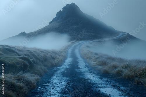 Misty Mountain Pathway at Dawn - Serene Landscape with Foggy Hills and Winding Road photo